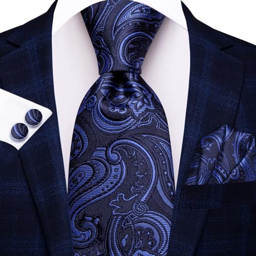 Image of Hi-Tie Men 63inches Tie Set Extra Long Necktie Paisley Tie Pocket Suqare Cufflinks Big and Tall Men Tie