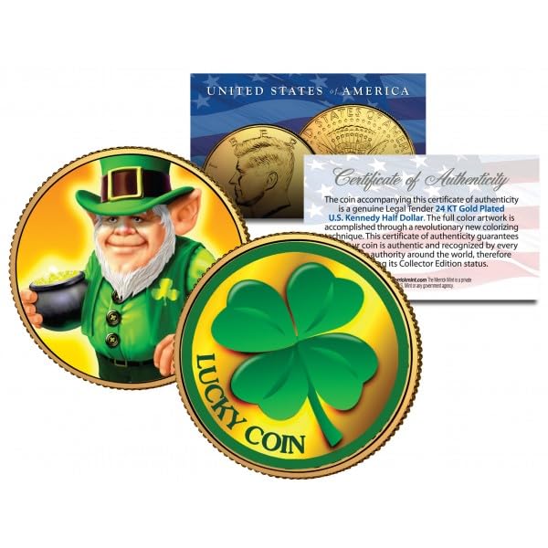 Leprechaun Four Leaf Clover St Patrick's Day JFK Kennedy Half Dollar Gold Plated Lucky Coin