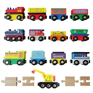 12 Wooden Train Cars, 1 Bonus Crane, 4 Connectors, Locomotive Tank Engines and Wagons for Toy Train Tracks, Compatible with Thomas Wood Toy Railroad Set