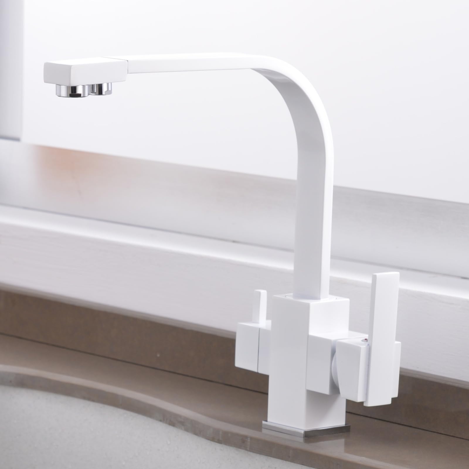 Grifo de cocina blanco de 3 vías para agua potable, giratorio de 360°, sistema de ósmosis de doble palanca, compatible con fregadero de cocina, fácil instalación
