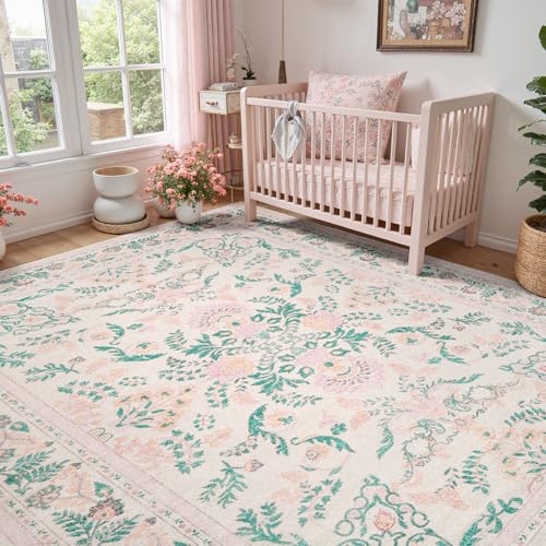 DCX 6x9 Pink Rug, Floral Rug for Girl’s Bedroom, Cute Soft Low Pile Non Slip Stain Resistant Machine Washable Indoor Décor, Kid & Pet Friendly Nurs