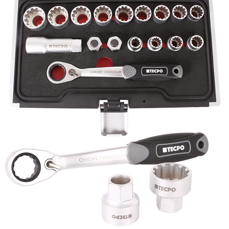 TECPO® Vielzahn Steckschlüssel Satz Durchsteckknarre 1/2 Zoll 10-24 mm Zoll Werkzeug Nüsse Harley 3/8-15/16 und Torx E12-E24