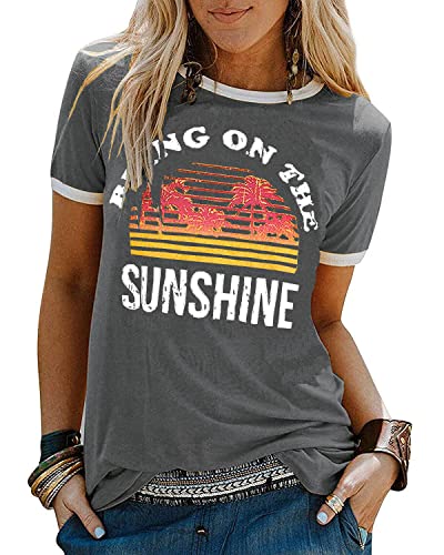 YEXIPO Womens Bring On The Sunshine T-Shirt Graphic Tees Letter Printed Loose Casual Summer Funny Tops (Large, Dark Grey)
