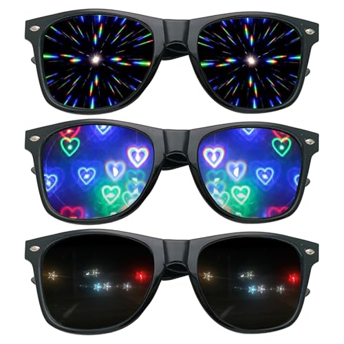 3Pcs Diffraction Glasses,Kaleidoscope Glasses,3D Heart Party Sunglasses,Star Firework Rave Glasses Firework Party,Rave,Clubbing & Concert Must-Haves,Women & Men's Novelty 3D Prism Rainbow Effect