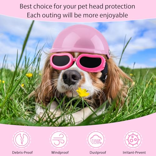 Kleiner Hundehelm-Schutzbrille, UV-Schutz, Hunde-Sonnenbrille, Haustier-Hundebrille, Motorrad, Harte Sicherheitshut mit verstellbarem Gürtel, Augenkopfschutz für Welpenreiten, Größe S (Rosa)