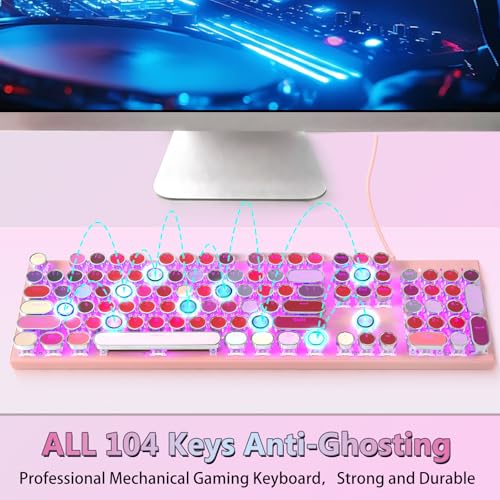 HUO JI Mechanical Gaming Keyboard Typewriter Style with RGB Side Lit and Purple LED Backlit, Retro Style, Blue Switches - Clicky, Metal Panel, Lipstick 104 Keys USB Wired for Mac, PC, Cute Pink by HUO JI - Image 6