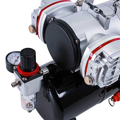 Image of Master Airbrush TC-828 Airbrush Compressor with Tank- 1 /4 HP Twin Cylinder | 3L Air Tank, 46L /Min Flow, Dual Air Brush Support, True Diaphragm Regulator, Portable - Ideal for Artists, Studios