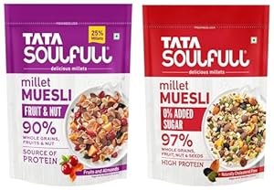Tata Soulfull 0% Added Sugar Millet Muesli, High Protein, Rich in Fibre, 500g & Tata Soulfull Millet Muesli | Fruit & Nut | 25% Crunchy Millets | 90% Whole Grains | Source of Protein | 500 g