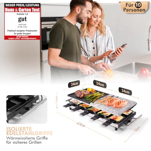 ProfiCook® Raclette 10 Personen mit heißem Naturgrillstein | antihaftbeschichtet | inkl. 10 Pfännchen...