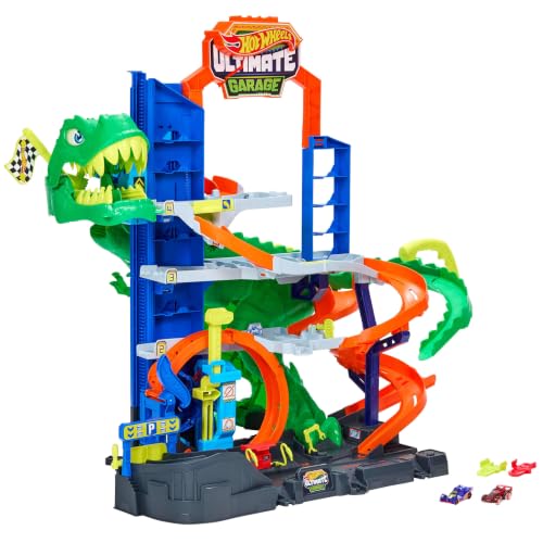 Hot Wheels City Ultimate T-Rex Garage y 2 Coches de Juguete de Metal