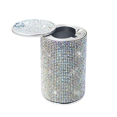 idain Bling Car Ashtray Cup Holder Stainless Aluminum Crystal Sparkling Ash Tray with Lid for Car Home Office (AB Rhinestone-02)