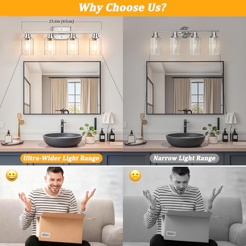 Image of Unicozin 4-Light Bathroom Light Fixtures, Modern Vanity Lights with Clear Glass Shades, Brushed Nickel Bathroom Wall Lamp for Mirror Living Room Cabinet Bedroom