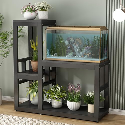 Soporte para Pecera, Mueble Acuario con Estante Lateral de Almacenamiento, Estante Abierto para Peceras con Patas Ajustables, Estructura Metálica(Black,90x45x110cm)