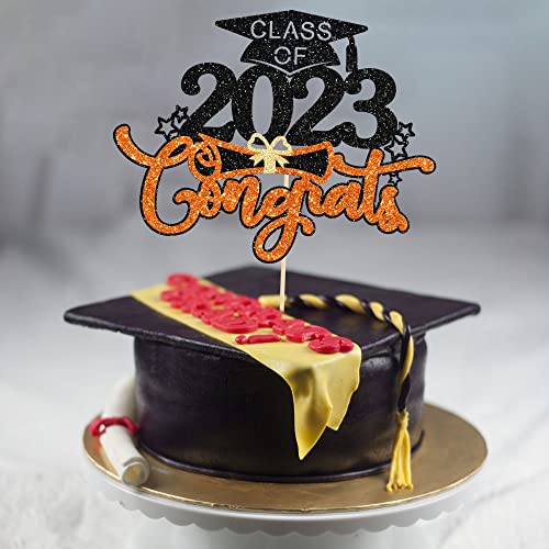 1Pc Class Of 2023 Cake Topper Glitter Congrats Grad Cap 2023 Graduation Cake Pick For 2023 Graduation Theme High School Boys Girls Graduate Party Cake Decorations Supplies Black Orange #TOP4
