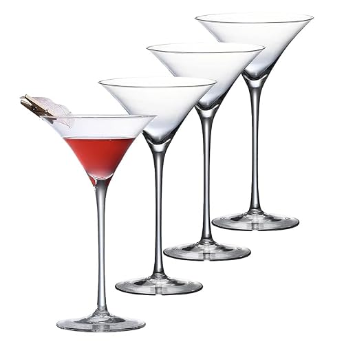 Cocktail Geek Hand Blown Crystal Martini Glasses, Long Stem Cocktail Glass, 4.8 oz, Set of 4, Clear