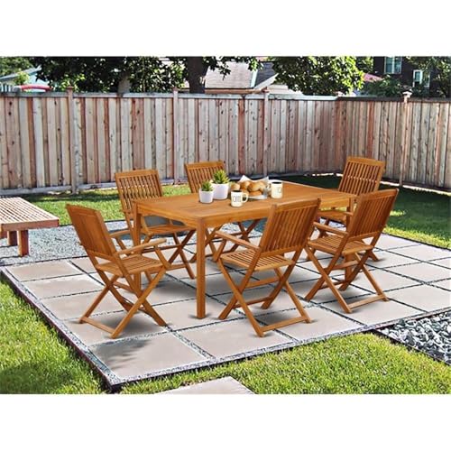East West Furniture CMCM7CANA 7 Piece Patio Garden Table Set Consist of a Rectangle Outdoor Acacia Wood Dining Table and 6 Folding Arm Chairs, 36x66 Inch, Natural Oil