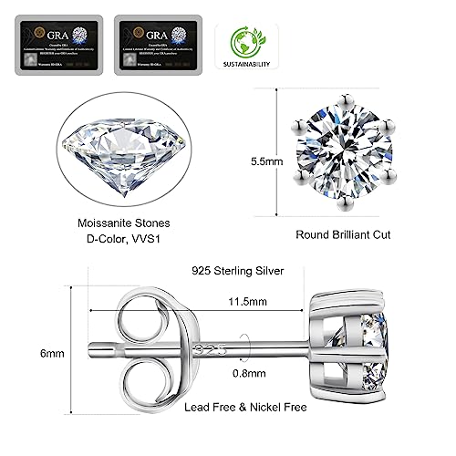 Krkc&Co Moissanite Studs Earrings For Women, D Color, Vvs1, S925 Sterling Silver, 1.2-2 Carat Diamond Earrings, Brilliant Round Excellent Cut Iced Out, 14K Gold Plated, For Her, Girl #TOP3