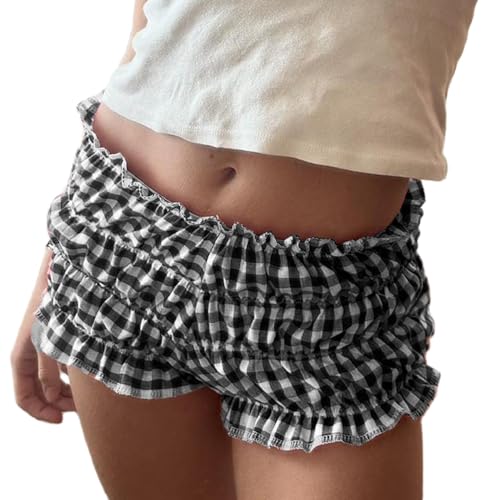 Image of Cute Bloomers Shorts for Women Y2k Ruffle Gingham Bottoms Low Rise Lounge Boy Shorts Plaid Mini Pj Boxers