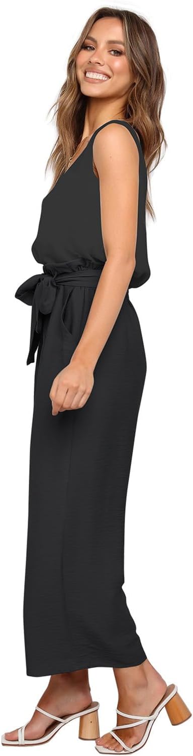 FANCYINN Womens 2 Piece Set V Neck Tank Wide Strap Tops High Waisted Cropped Paper Bag Pants with Belt - Image 2