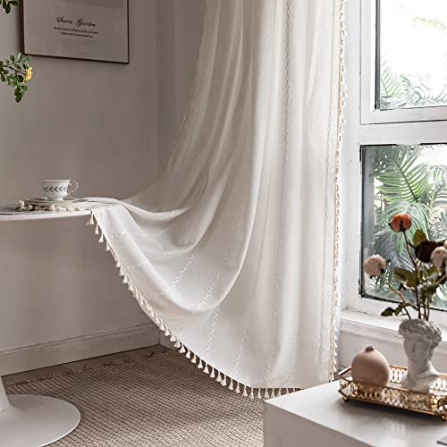 2 Pannels Boho Farmhouse Curtains For Bedroom Living Room Semi Blackout Striped Curtains Cotton Linen Window Curtain Panel, Bohemian Chic Tassel Curtain Drapes, 55" W X 63" L,White #TOP19