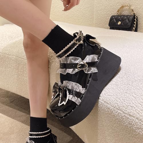 Women Y2K Kawaii Lolita Harajuku Goth Round Toe Chunky Heels White Lace Knot-Bow Decor Mary Jane Platform Shoes 5