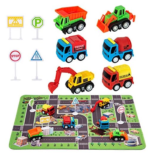 Construction Toys for 2 3 4 5 6 Year Old Boys, 6 Construction Trucks, 4 Road Signs, 14" x 18" Construction Site Playmat, Perfect Car Toys Gifts for Kid Toddler Boy Toys