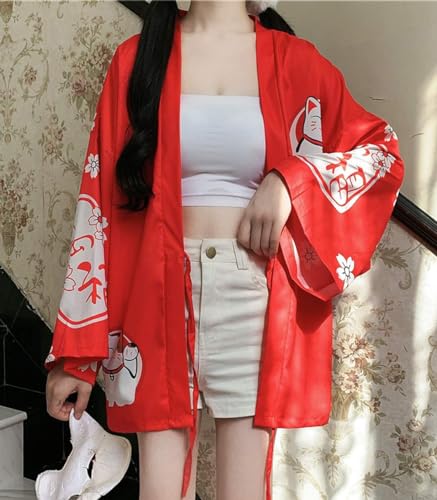 Image of LAI MENG FIVE CATS Women's Lucky Cat Cardigan Kimono Loose Cover up Casual Blouse Cute Tops