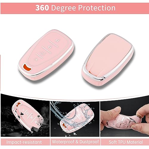 Image of Pangpai Pink Key Fob Cover for Chevy, Soft TPU Key Case Protection with Bling Keychain Fit for Chevy Chevrolet Malibu Equinox Traverse Camaro Cruze Blazer Volt Bolt Smart 4 Buttons