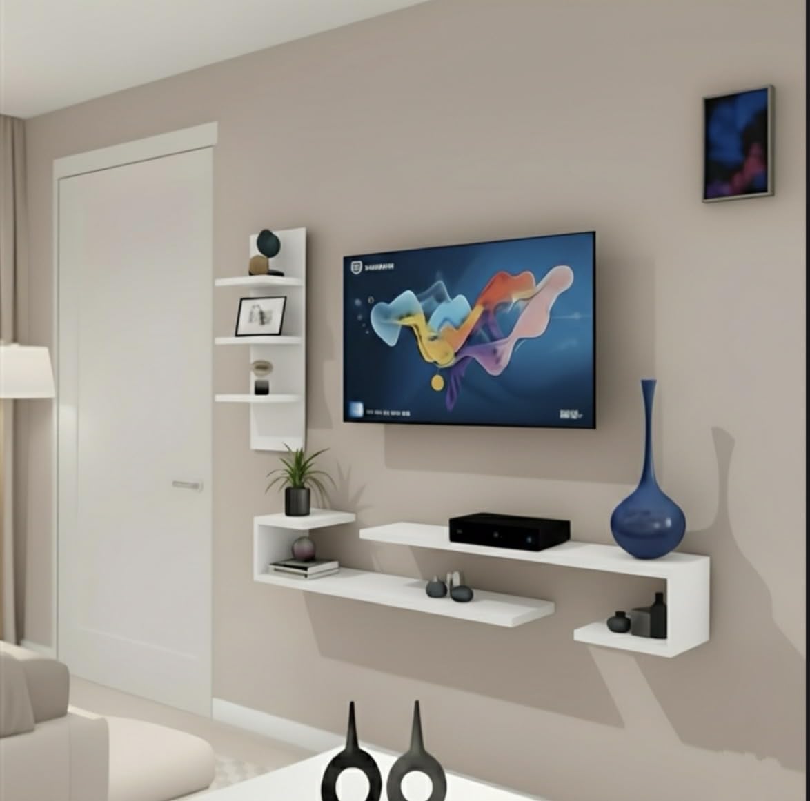 stylish wall mounted tv unit for living room | dual j inverted expandable base shelves | set top box & media console | ideal for tvs up to 55 inches (dark wenge& white)