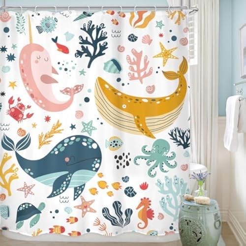 Image of LGhtyro Kids Whale Shower Curtain Bathroom Sets 60Wx71H Inches Fish Ocean Sealife Underwater Coral Starfish Cute Cartoon Unisex Neutral Bath Accessories for Boys Girls Home Decor Fabric 12 Pack Hooks