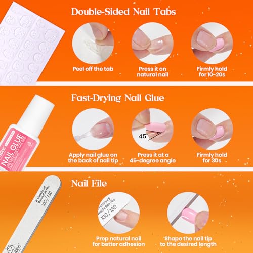 Beetles Press on Nails Kit 720Pcs 24 Colors, Press on Nails Short Almond Glossy Matte Glitter With Nail Glue & Nail Tabs Stickers, Natural Fit Lightweight Fake Nails Kit Art For Women Girls