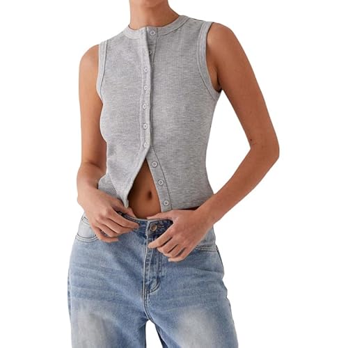 ZZEVOLSS Damen Weste mit Knopfleiste, gerippt, ärmellos, Y2K, Rundhalsausschnitt, schmale Passform, Strickweste, Tops zum Ausgehen, bauchfreies Top, GRAU, Small