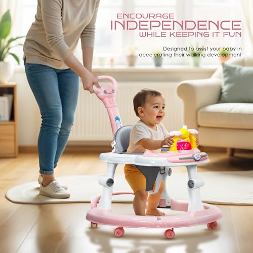 Image of Happy Bear Astro Baby Walker with Parent Handle | Height Adjustable Walker with parent Handle Baby 9 Months and Above | Activity Walker for Baby | Removable Push Parent Handle | Walker for Boys and Girls - Pink