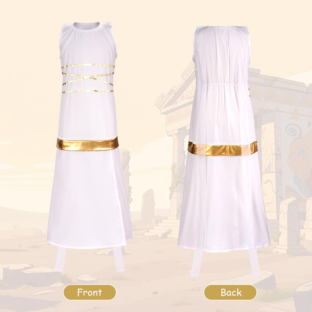 DiULi Greek Costume for Girls,Ancient Greek Roman Goddess Costume Fancy Dress Up Outfits,Novelty White Gold Girls Grecian Costume Set,with Browband Wristband for World Book Day Halloween,130CM - Image 4