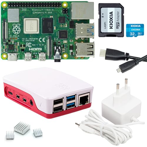 Raspberry Pi 4 4GB Starter-Set | 32GB SD Karte | USB-C Netzteil | Gehäuse | 4K Micro HDMI Kabel | 3 