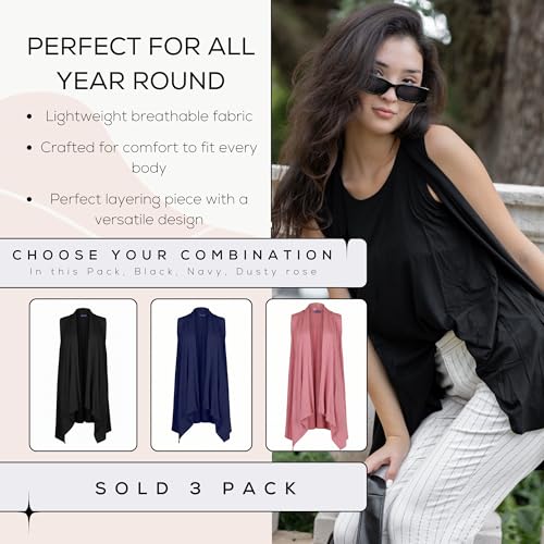Image of Azules Sleeveless Cardigan for Women, Soft Lightweight Duster Open Front Sleeveless Long Cardigan Vest (3 Pack)
