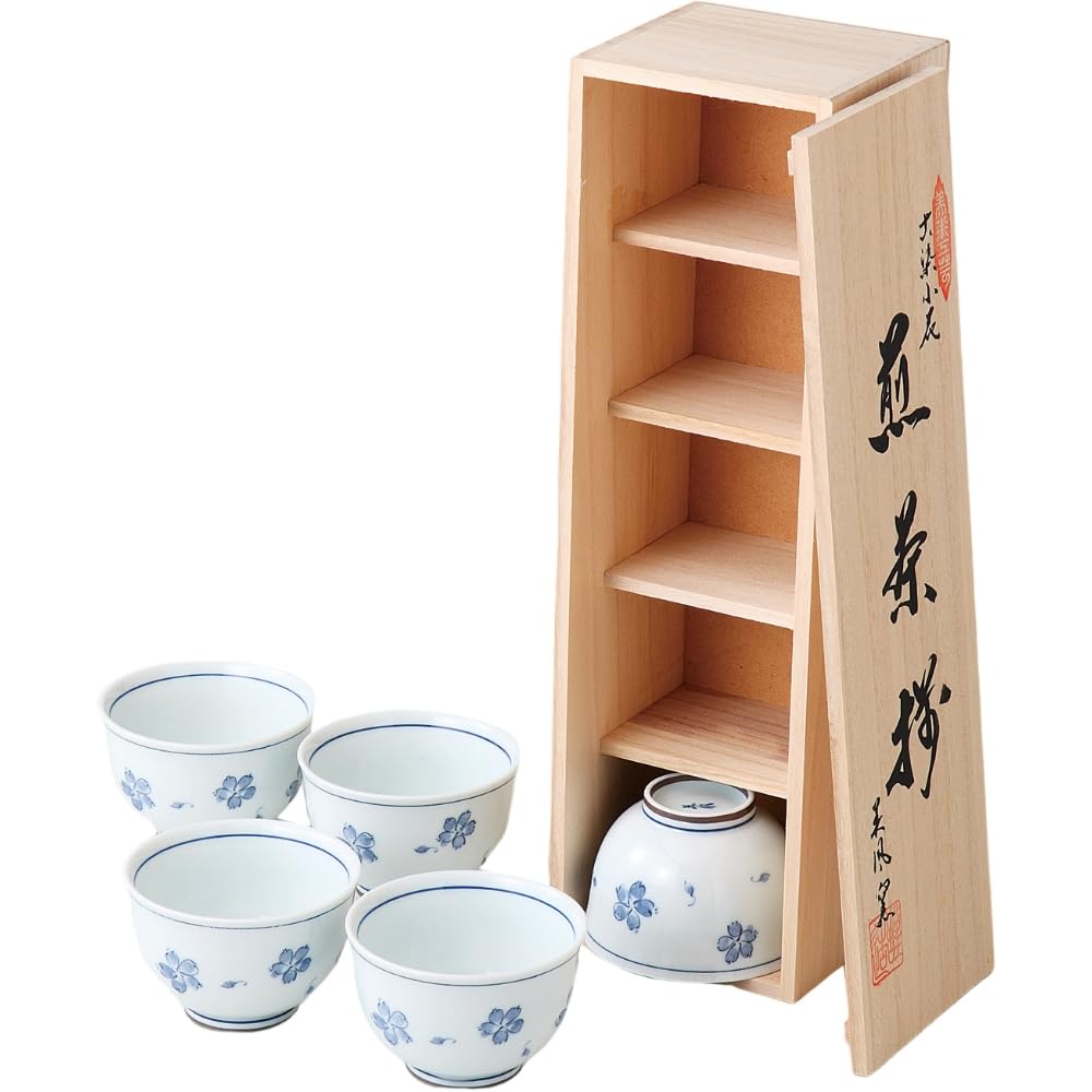 Mino Ware Yunomi Tea Cup Set of 5 Blue Floral Porcelain Wooden Box Japan