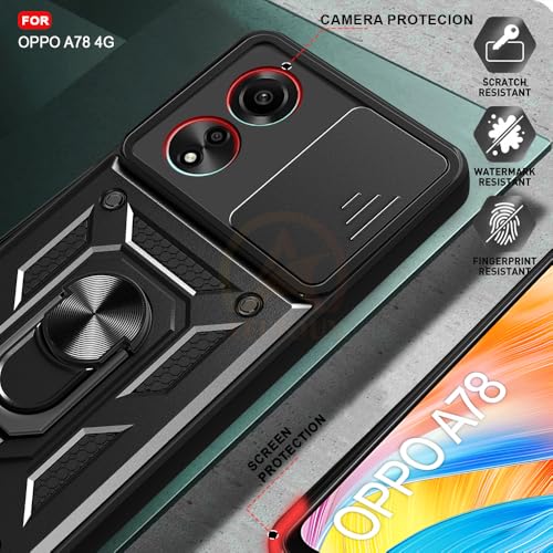 Image of Armor Bumper Back Cover Case for Oppo A78 4G Rotating Camera Cover, Ring Holder & Kickstand | Heavy Duty & 360 Degree Protection Oppo A78 4G Back Cover (Black)