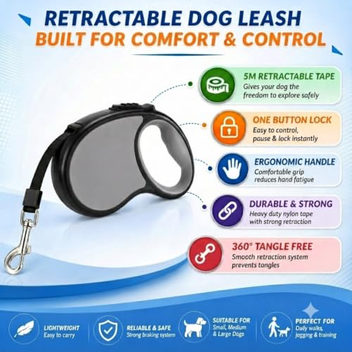 Image of Cawypety Retractable Dog Leash, 16ft /5M Heavy Duty Extendable Dog Walking Lead | One-Hand Brake & Lock, 360 Tangle-Free | Durable Pet Leash with Ergonomic Anti-Slip Handle for All Small,Large Breeds