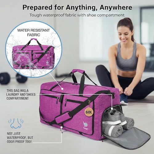 Bago Large Duffle Bag for Travel Women & Men. Durable Lightweight Foldable Travel Duffel Bags For Traveling Women. 60L Duffle Bags For Overnight Bag With Shoe Compartment Collapsible Weekender duffel by Bago - Used condition - Image 6