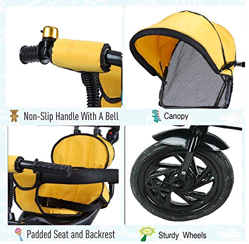Image of JoyRide 3 in 1 Baby Tricycle Toddler Stroller Kids Pedal Tricycle w /Pusher Removable Canopy Safety Bar Storage Footrest for 18 Months to 5 Years (Yellow)