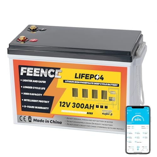 FEENCE 12V 300Ah Bluetooth LiFePO4 Batterie 200A BMS Bluetooth Lithium Batterie 12v 300ah bis zu 15000 Zyklen Max.3840Wh Energie mit Low Temp Cut off perfekt für RV Solar Trolling Motor