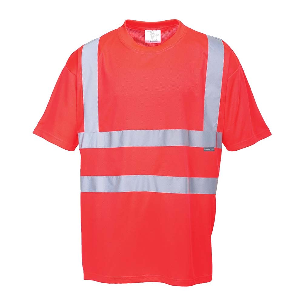 Portwest S478 Mens Hi Vis Short Sleeve T Shirt UPF 40 Moisture Wicking Bird Eye Knit Reflective Tape Safety Workwear Top for Construction Roadwork Warehouse, Red, S