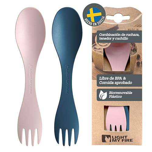 Spork Cubiertos de Camping para Llevar 2en 1 - Cubierto Multifunción Reutilizable - Viaje y Excursionismo – Irrompible, No Tóxico, Sin BPA – paquete de 2 (2pack Little HazyBlue/DustyPink)