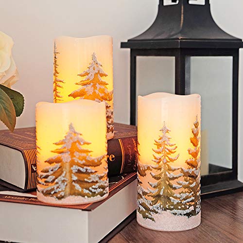 Wondise Flickering Flameless Pillar Candles With Timer, Battery Operated Real Wax Warm Light Christmas Tree Pine Tree Decal Candle For Home Decoration Christmas Gifts, Set Of 3(D3 X H4/5/6 Inch) #TOP6