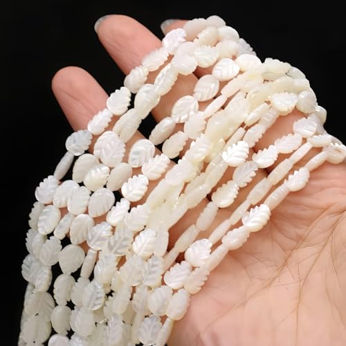 Image of HAAMIIQII Natural White Mother of Pearl Shell Beads 8x12mm Leaf Shape Semi Precious Stone Loose Gemstone Beads for Jewelry Making Strand 15 Inch (28-30pcs)