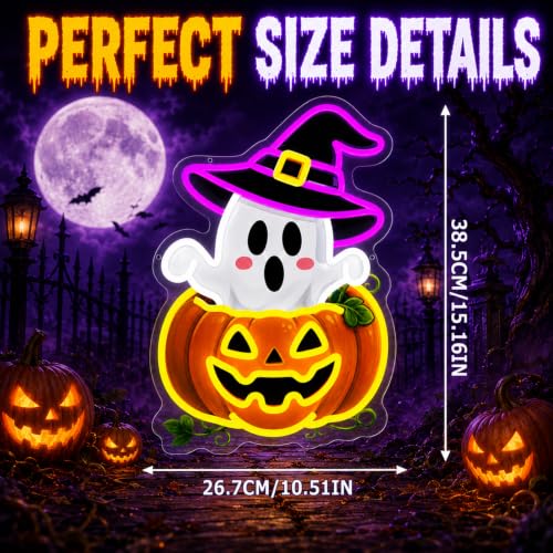 Image of Halloween Neon Sign, Dimmable Cute Ghost Pumpkin LED Lights for Wall Decor | Spooky Ghost Pumpkin Neon Light Sign for Bedroom, Game Room, Window, Home Bar, Haunted House, Halloween Party Decor & Gifts