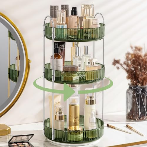 Image of JD FRESH 3 Tier Makeup Organizer 360 Rotating Cosmetic Storage Box Vanity Organizer Stand with Drawers for Lipstick Nail Polish Skincare Dressing Table Bathroom Organizer (Light Green)