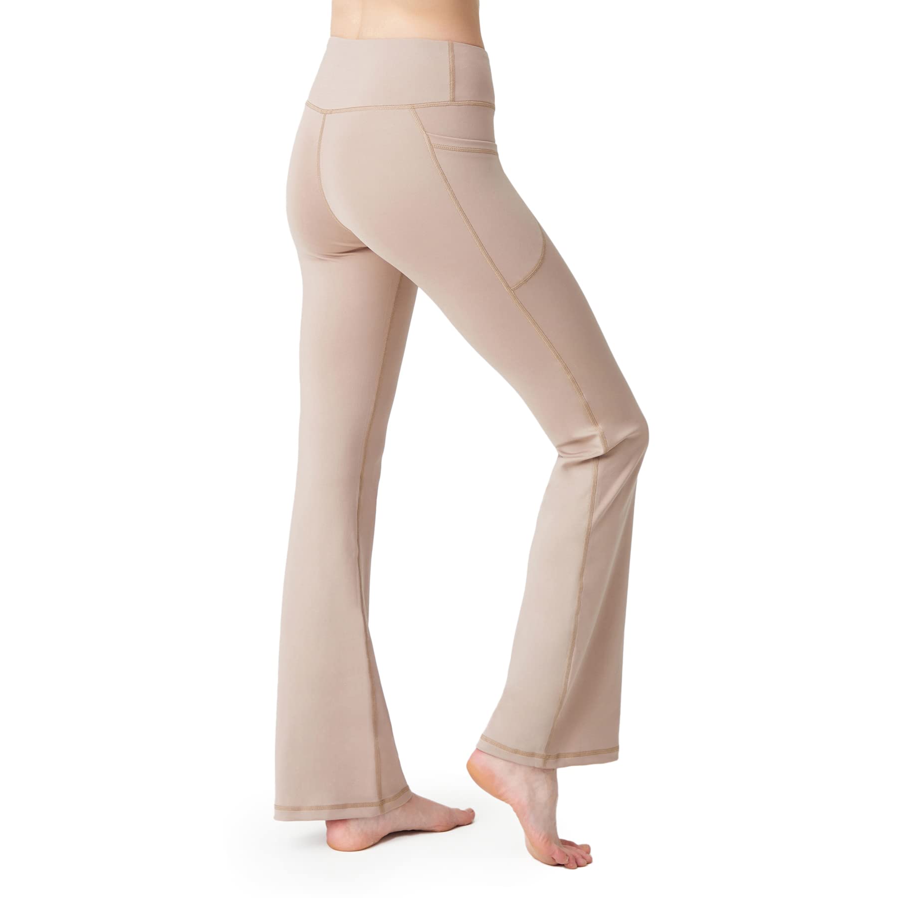 LOS OJOS High Waisted Flared Leggings for Women - Bootcut Yoga Pants for Women with Pockets Tummy Control Leggings for Gym, Workout, Running Beige