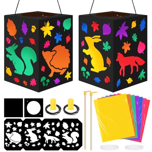 Sprinlot Laternen Bastelsets Kinder, 2 Stück Tier Laternen ca 14 x 20 cm mit Dekorative Lichter, Martins Laterne Bastelset, Geschenk Laternenfest Jungen Mädchen